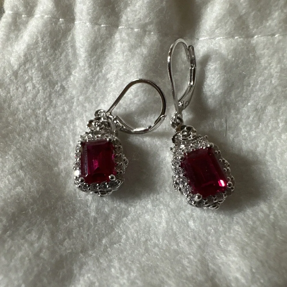 QVC Diamonique cz w/ Lab Ruby Leverback .925 Earrings - Picture 6 of 6